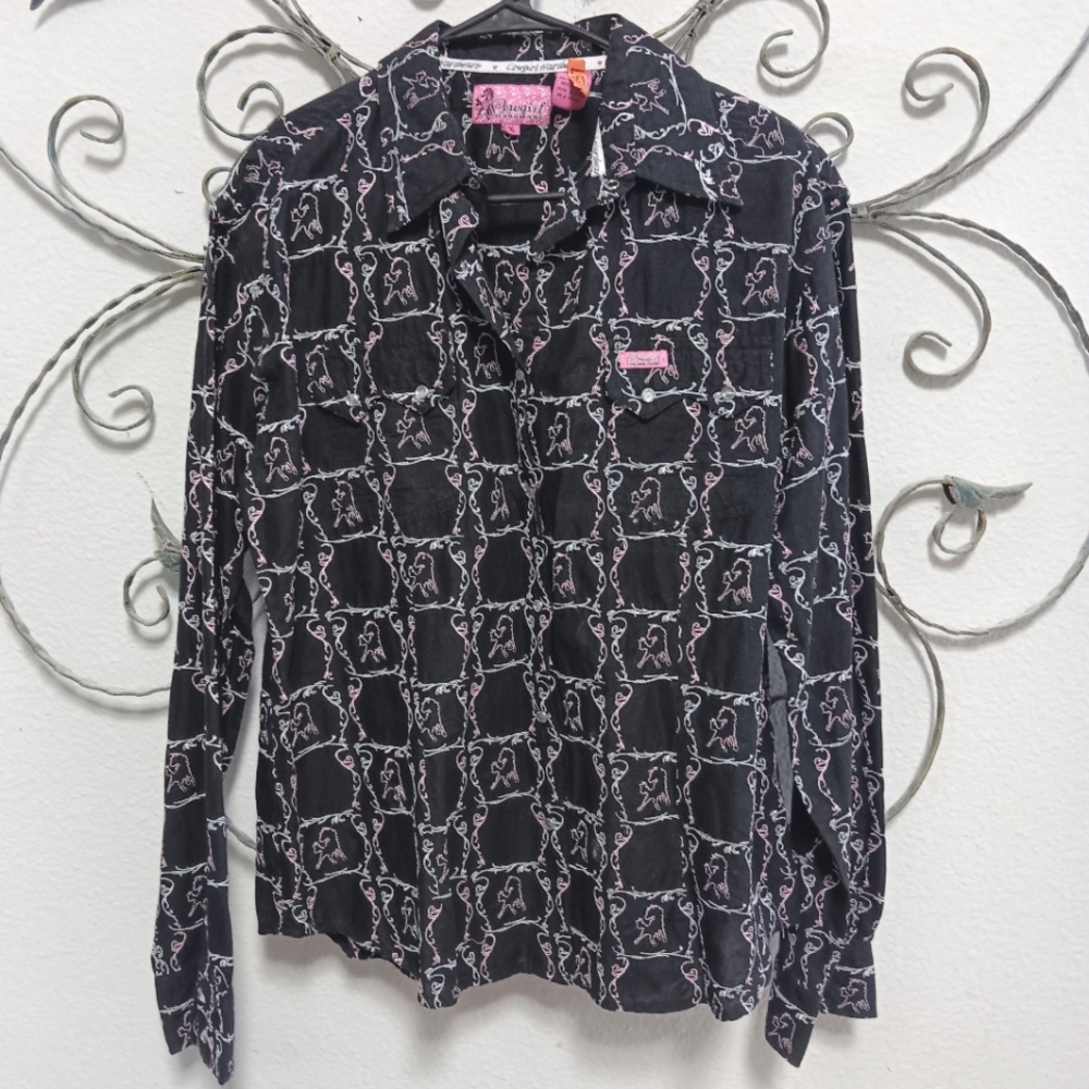 COWGIRL HARDWARE embroidered horse graphic Western snap front cotton shirt, XXL